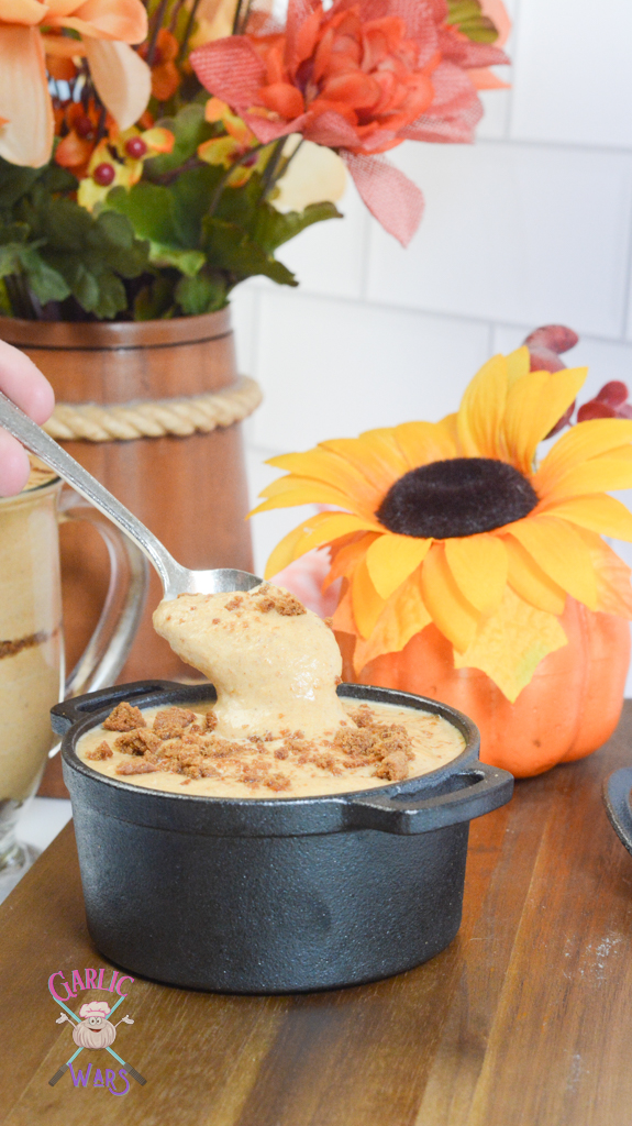 pumpkin mousse in a small skillet on a spoon
