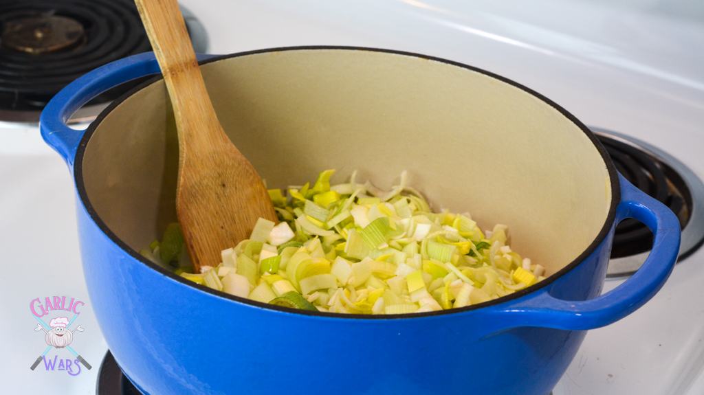 leeks and celery in dutch oven