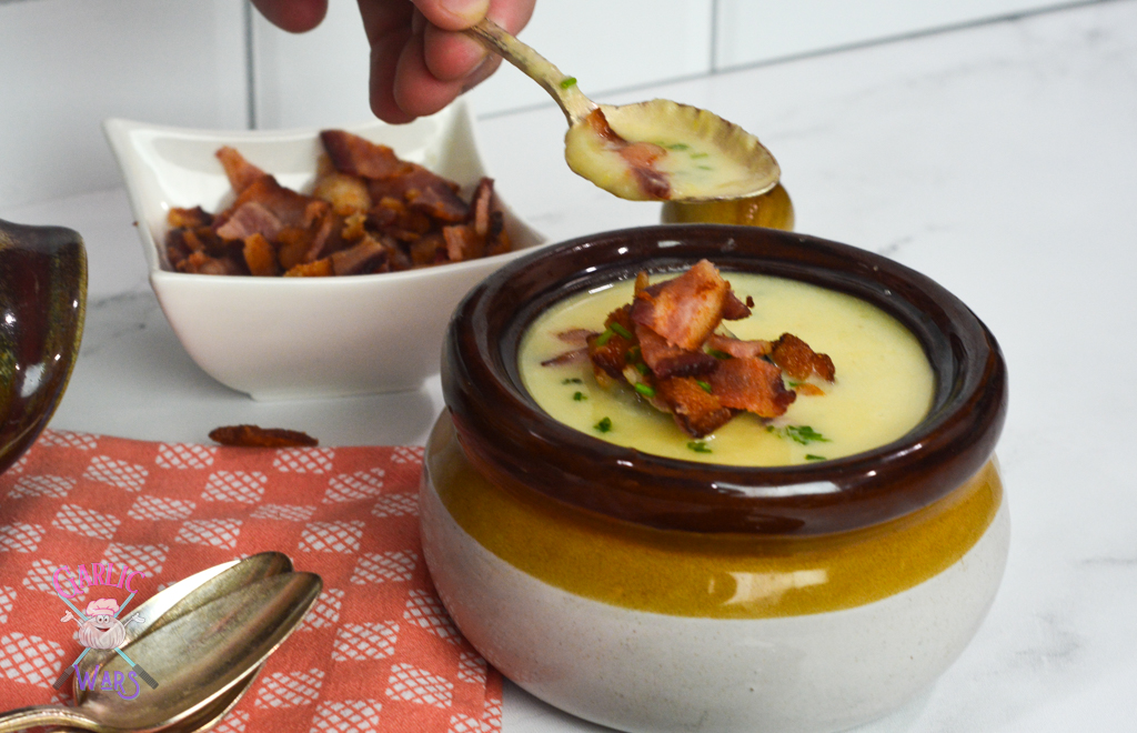 potato leek soup topped with bacon
