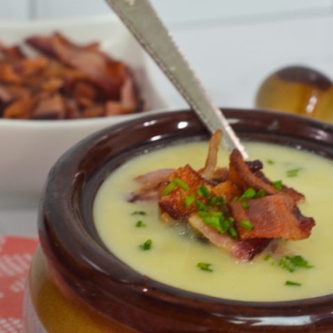 leek and potato soup topped with bacon