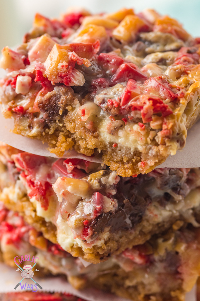 close up stack of 7 layer bars
