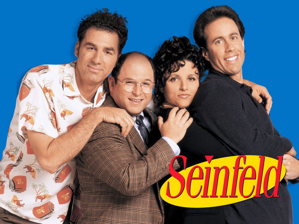 Seinfled Binge Guide cover - Kramer, George, Elaine, and Jerry with Seinfeld logo