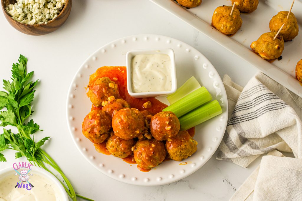 buffalo chicken meatballs served with ranch and celery