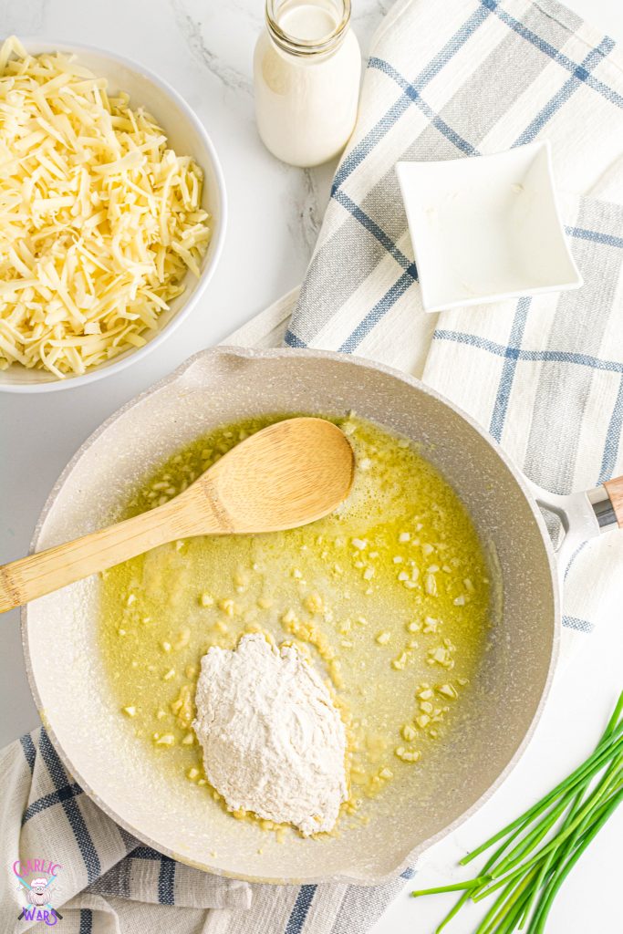 flour, butter, and garlic in a pan